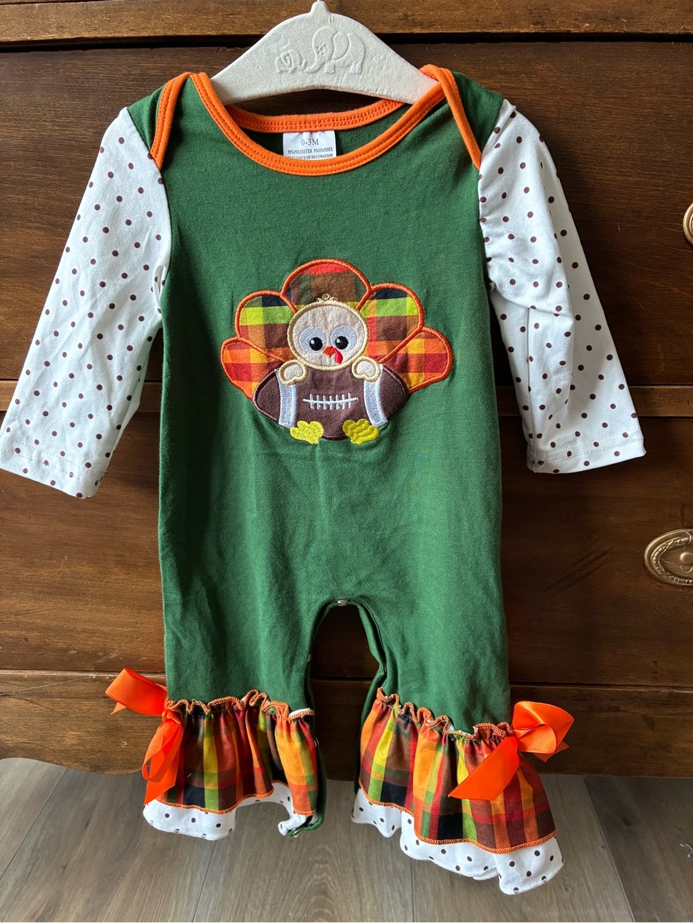 Green Thanksgiving Turkey One-Piece Romper with Orange Trim